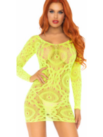Leg Avenue 86794 Crochet Lace Long Sleeved Mini Dress Neon Green