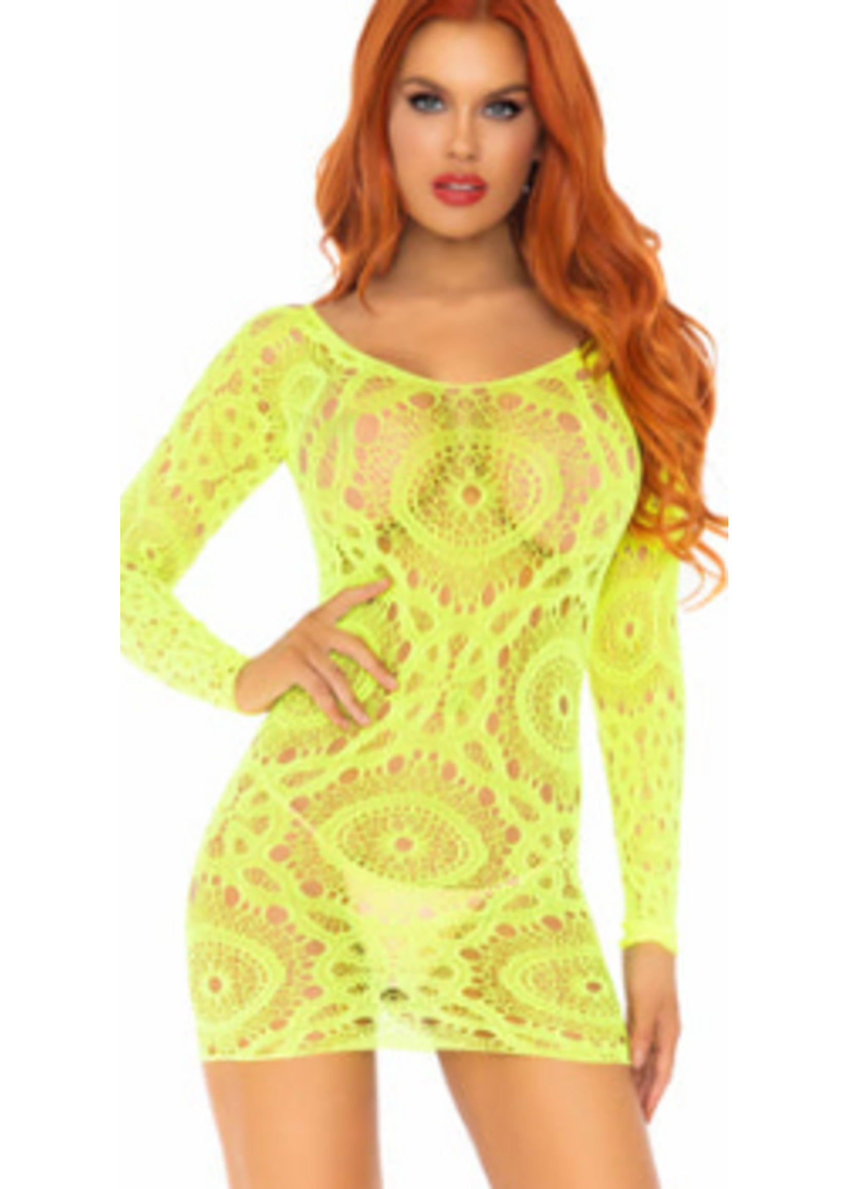 Leg Avenue 86794 Crochet Lace Long Sleeved Mini Dress Neon Green