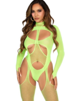 Leg Avenue 89321 2Pc Fishnet Suspender Lingerie Jumpsuit and Layered Opaque Teddy Neon Green