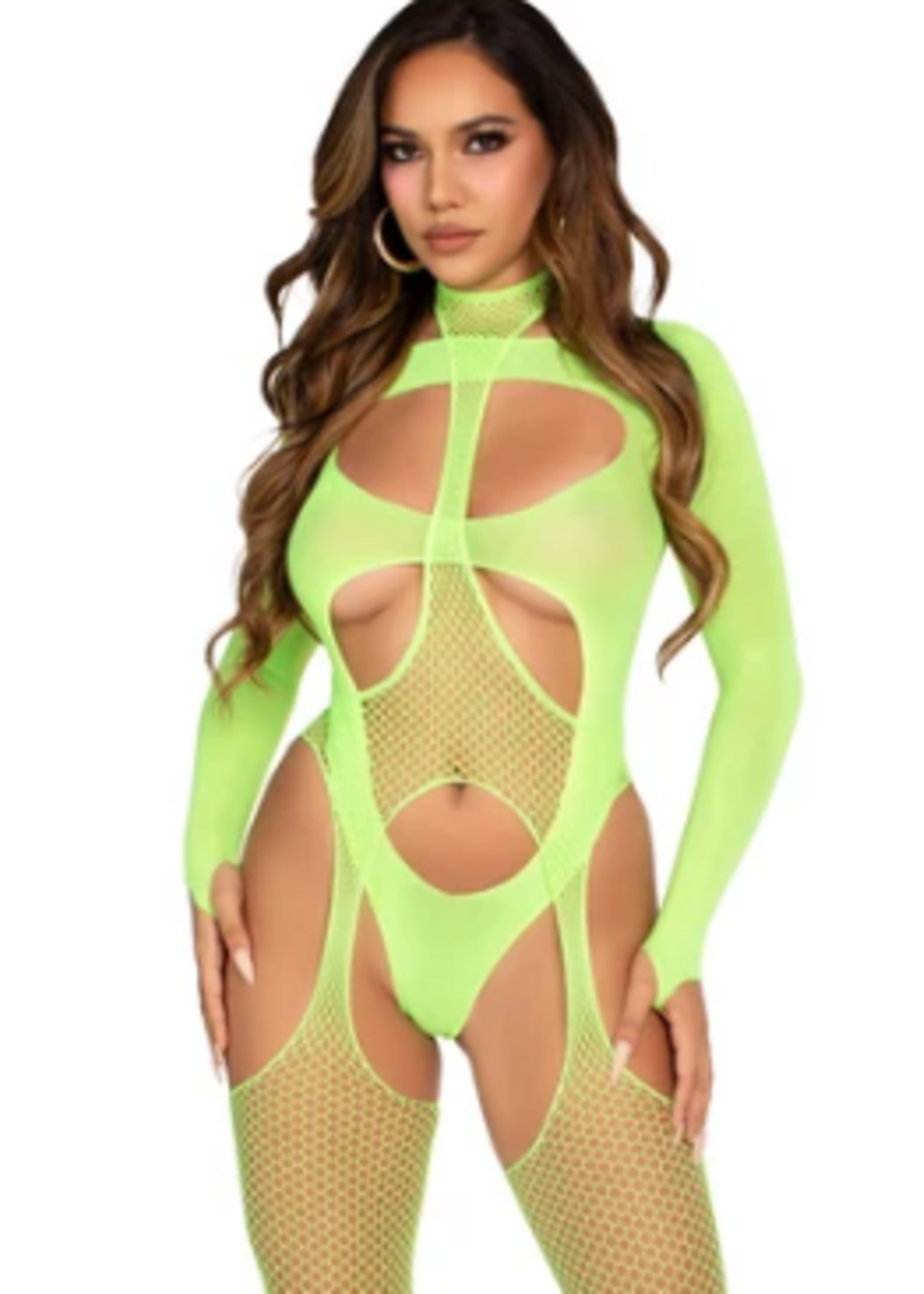 Leg Avenue 89321 2Pc Fishnet Suspender Lingerie Jumpsuit and Layered Opaque Teddy Neon Green