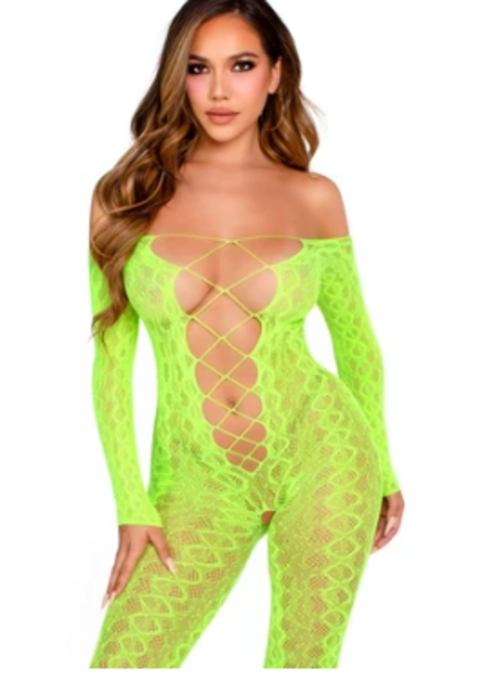 Leg Avenue 89357 Python Net Crotchless Footless Lingerie Jumpsuit Neon Green