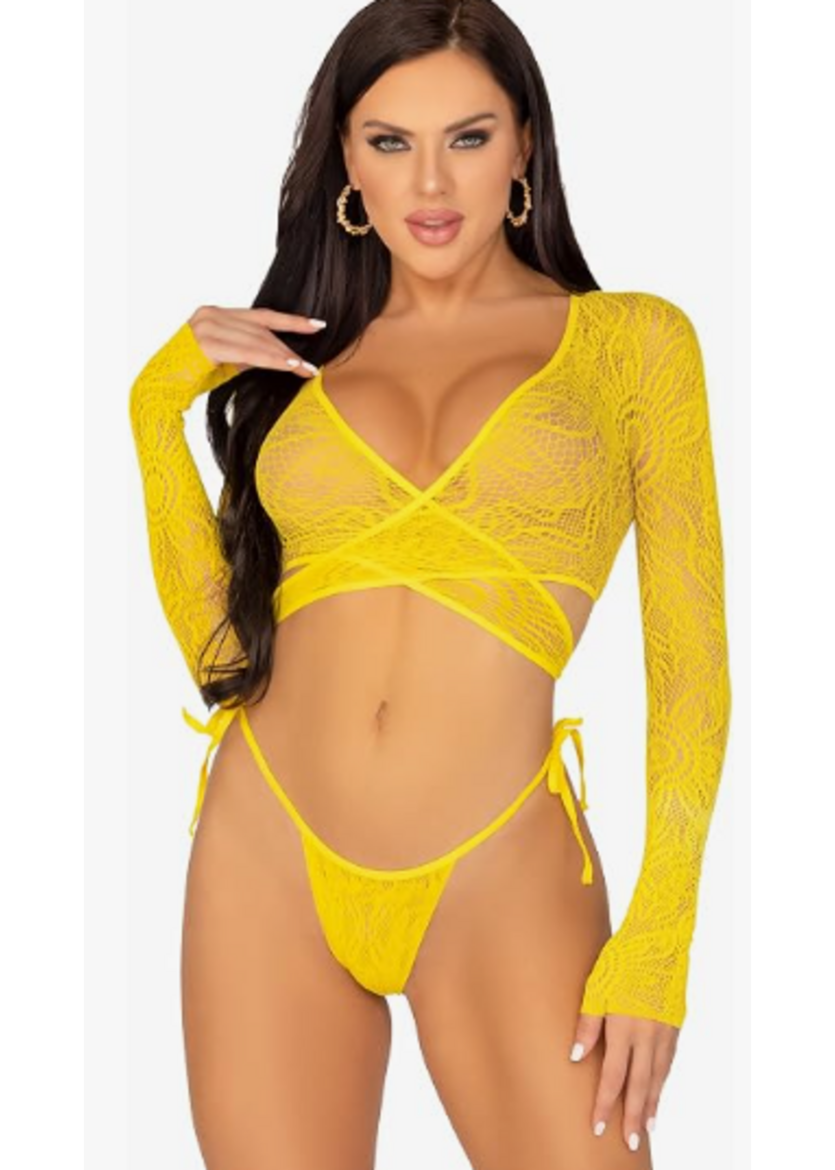 Leg Avenue 81659 2Pc Daisy Lace Crop Top and Side Tie Panty Yellow