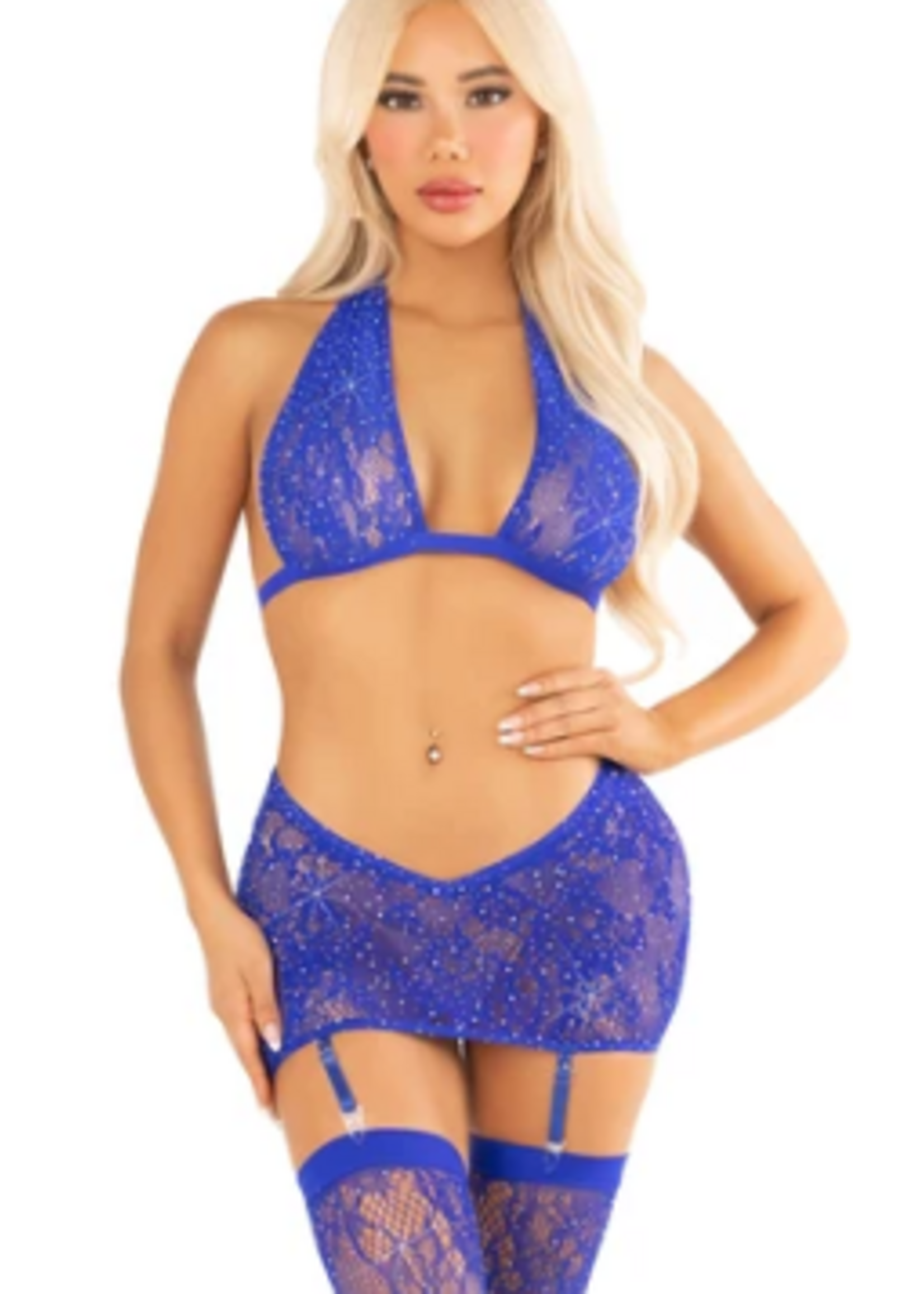 Leg Avenue 89340 3Pc Rhinestone Lace Bra Top, V-Cut Low Waist Garter Skirt and Stockings Blue