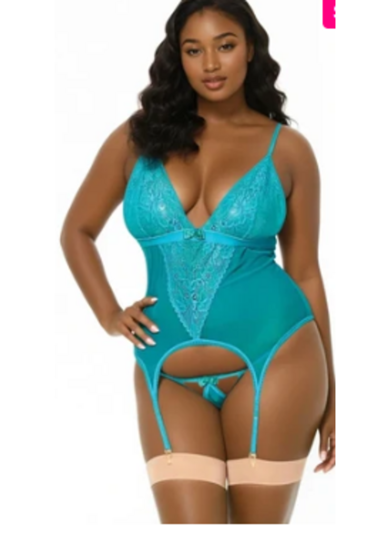 Leg Avenue 89162X 2Pc Mesh and Stretch Lace Garter and G-String Turquoise