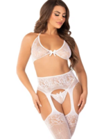 Leg Avenue 81656 3pc. Rhinestone Bra Top G-String and Garter Belt White