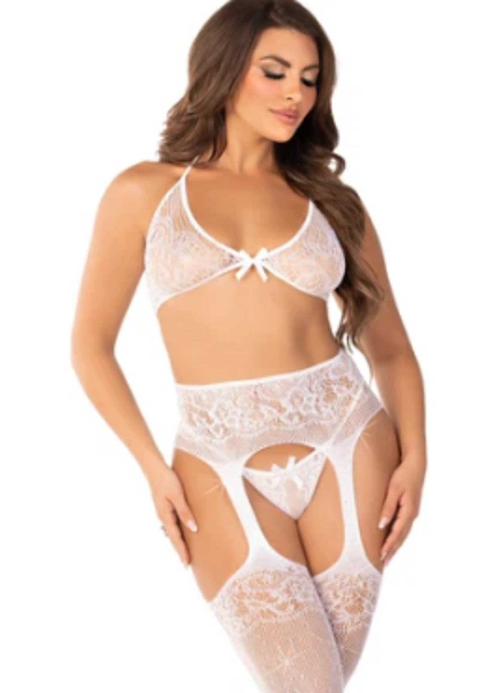 Leg Avenue 81656 3pc. Rhinestone Bra Top G-String and Garter Belt White