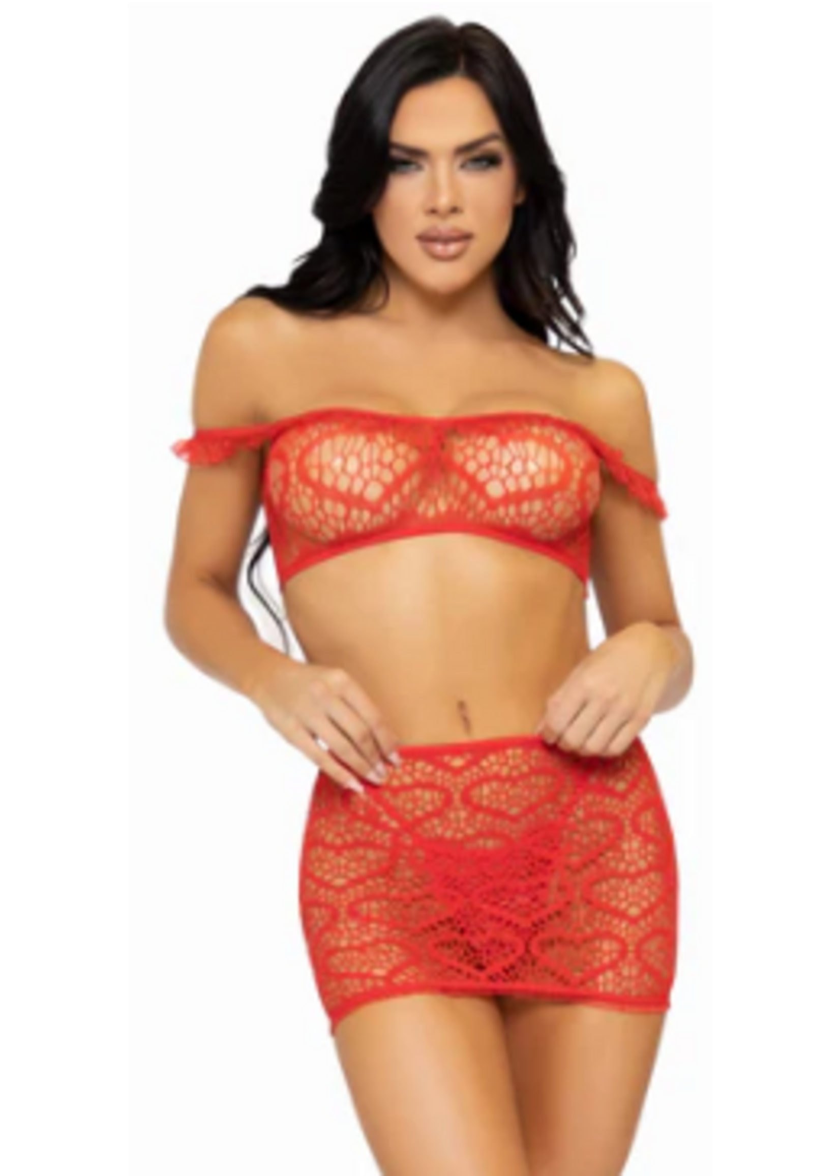 Leg Avenue 86138 3Pc Heart Net Crop Top Mini Skirt and G-String Red