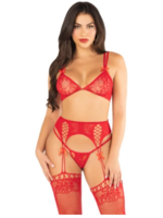 Leg Avenue 89333 3Pc Lace Bra Top G-String and Garter Belt Stockings Red