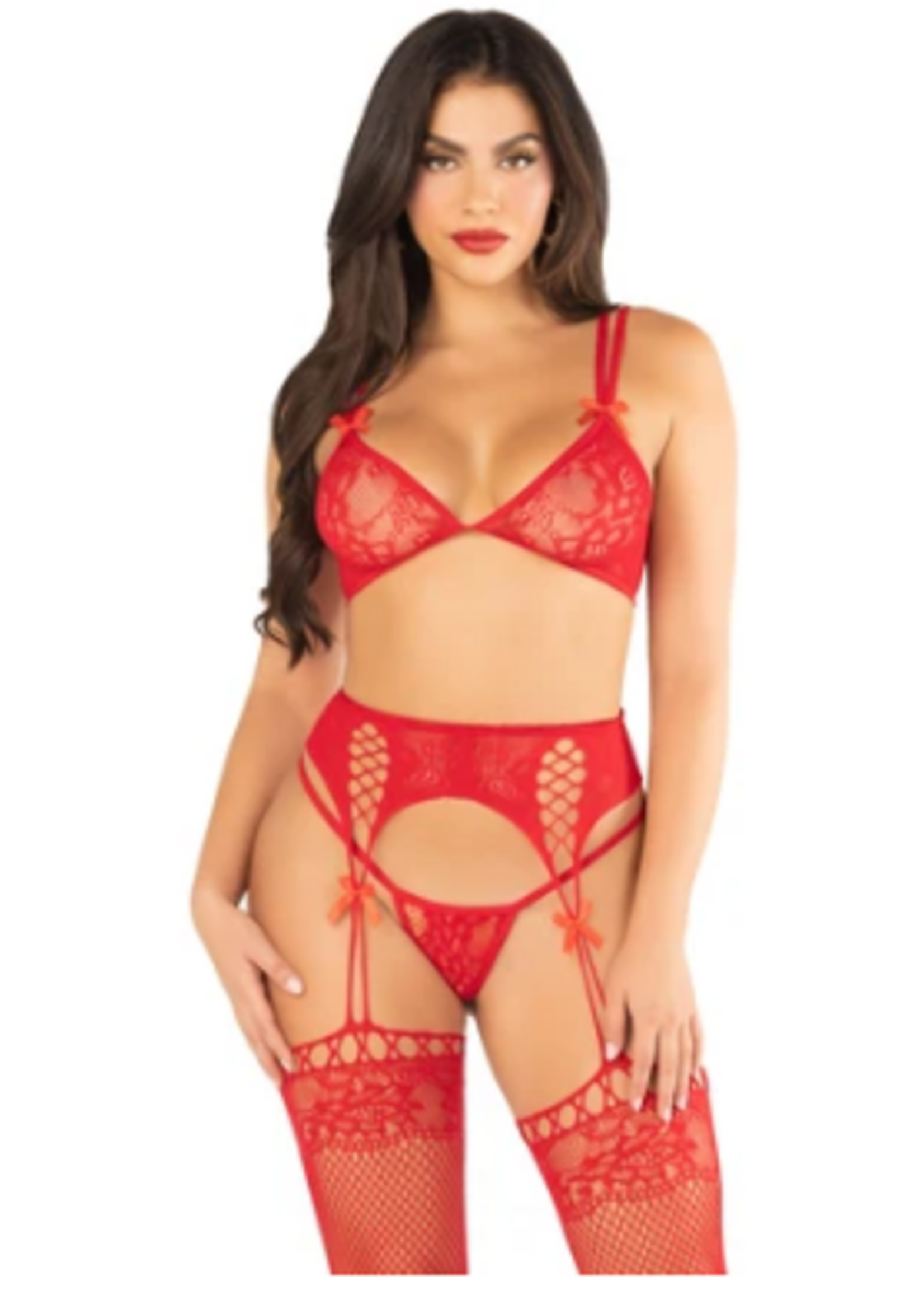 Leg Avenue 89333 3Pc Lace Bra Top G-String and Garter Belt Stockings Red