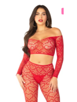 Leg Avenue 89337 2Pc Heart Net off the Shoulder Crop Top and Footless Tights RED