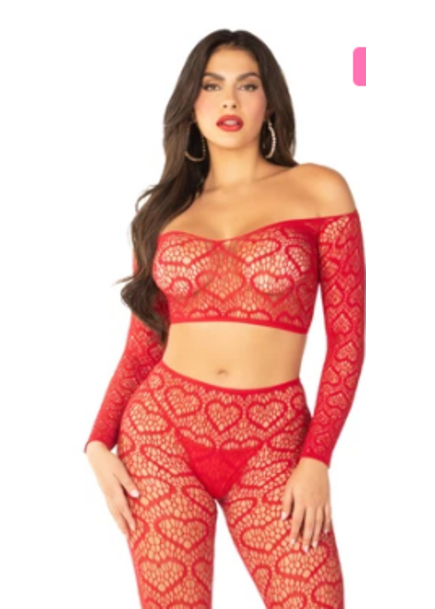 Leg Avenue 89337 2Pc Heart Net off the Shoulder Crop Top and Footless Tights RED