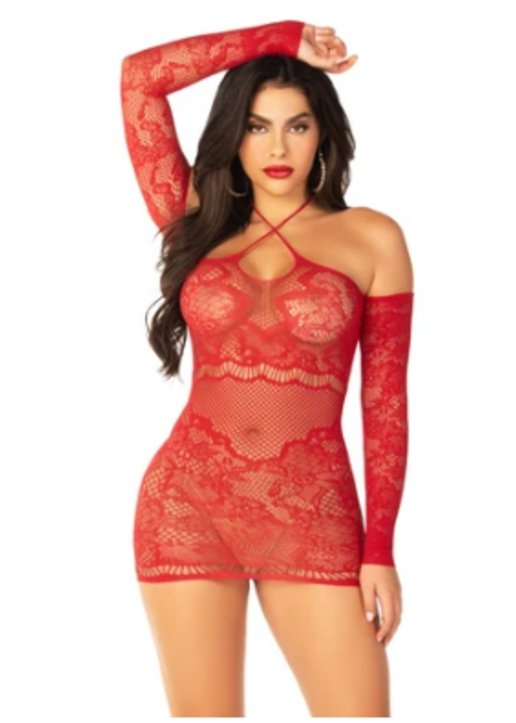 Leg Avenue 81670 Seamless Lace and Net off the Shoulder Mini Dress RED