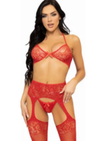 Leg Avenue 81656 3Pc Rhinestone Bra Top G-String and Garter Belt Stockings RED