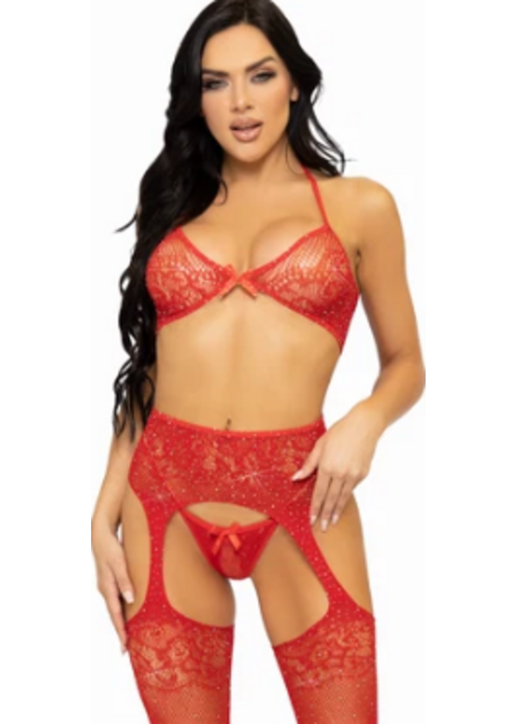 Leg Avenue 81656 3Pc Rhinestone Bra Top G-String and Garter Belt Stockings RED