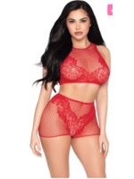 Leg Avenue 81678 2Pc Net and Lace Crop Top and Matching Boy Shorts RED