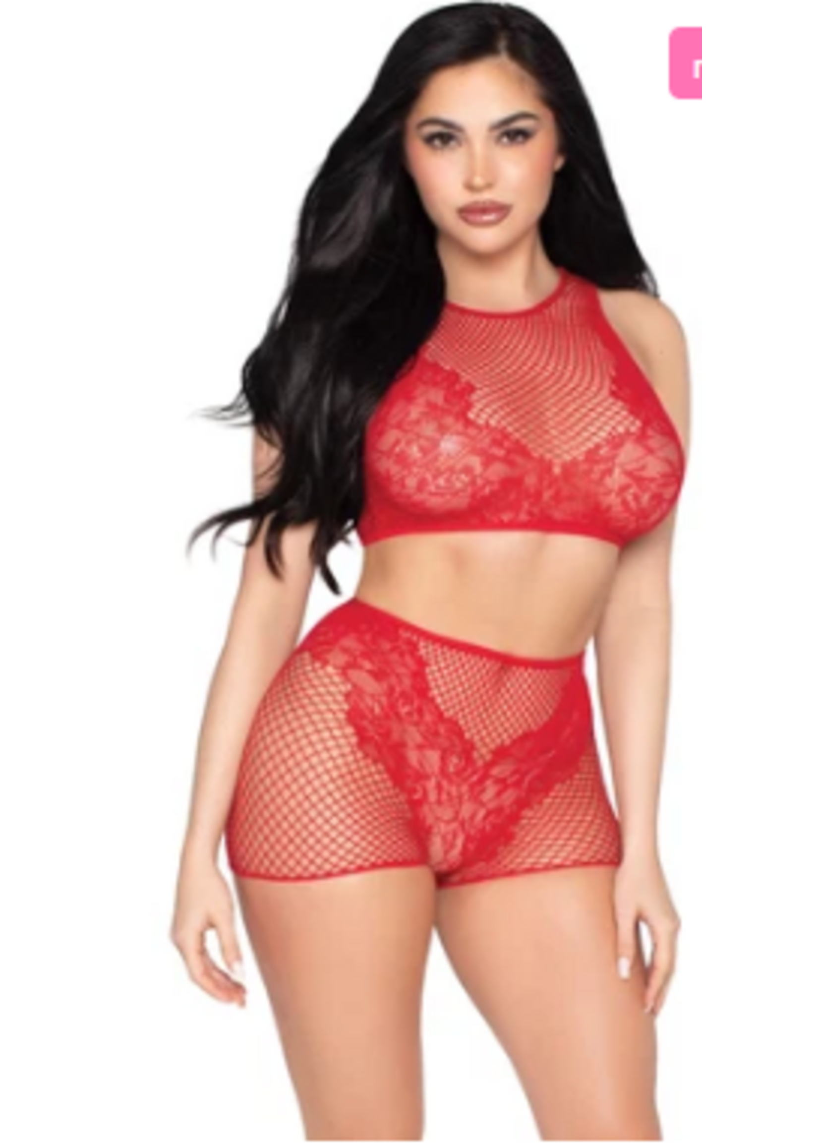 Leg Avenue 81678 2Pc Net and Lace Crop Top and Matching Boy Shorts RED