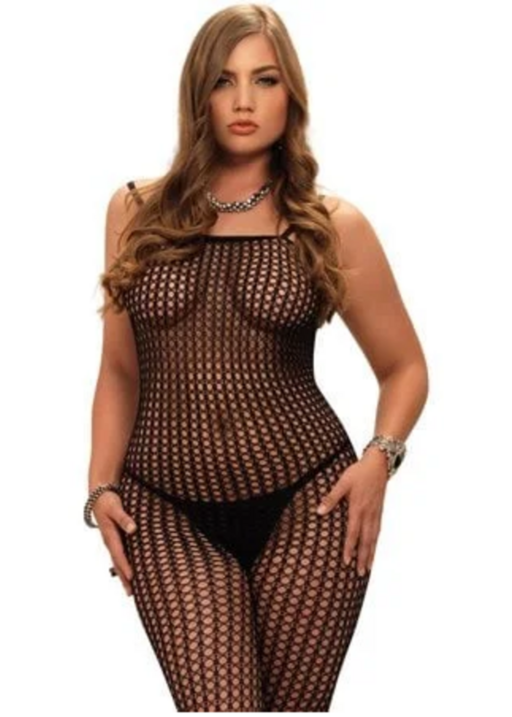 Leg Avenue 8300Q Crochet Net Crotchless Lingerie Jumpsuit BLACK Queen Size