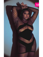 Leg Avenue 86593Q Diamond Net Long Sleeved Mini Dress with Opaque Panel Accents BLACK Queen Size