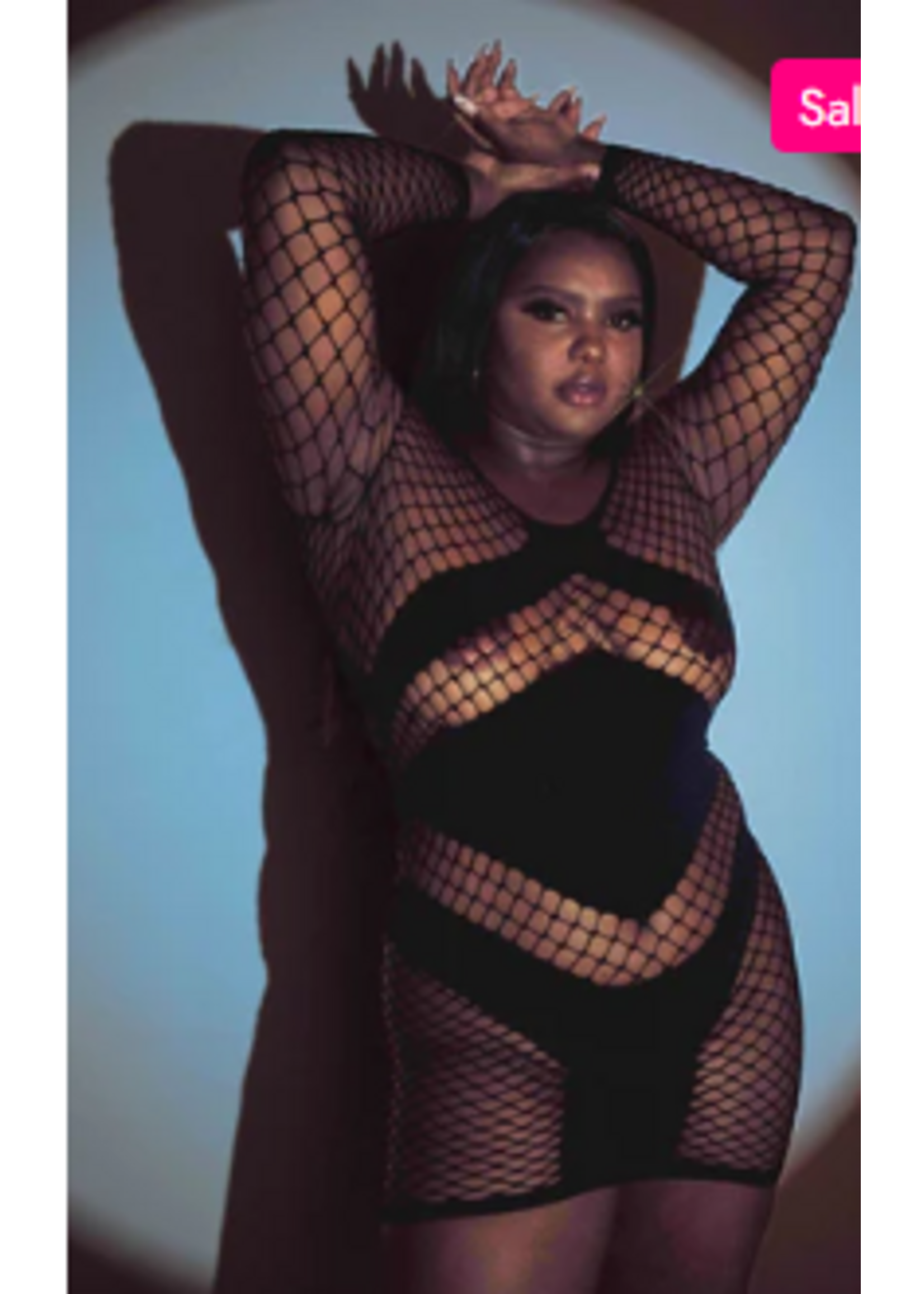 Leg Avenue 86593Q Diamond Net Long Sleeved Mini Dress with Opaque Panel Accents BLACK Queen Size