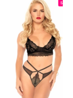 Leg Avenue 81578 2Pc Sweetheart Lace Bralette and Matching Strappy Cut Out G-String BLACK