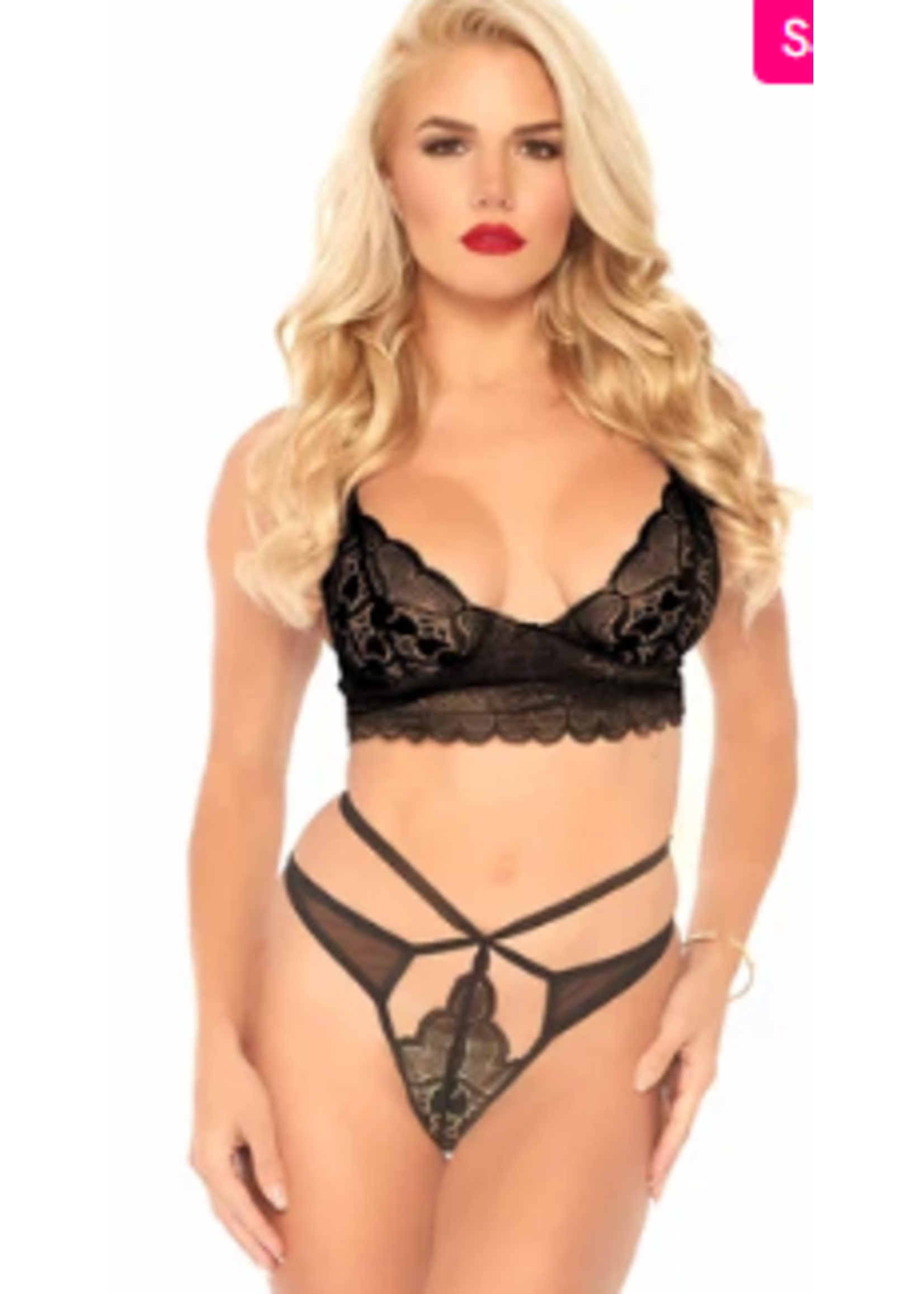 Leg Avenue 81578 2Pc Sweetheart Lace Bralette and Matching Strappy Cut Out G-String BLACK