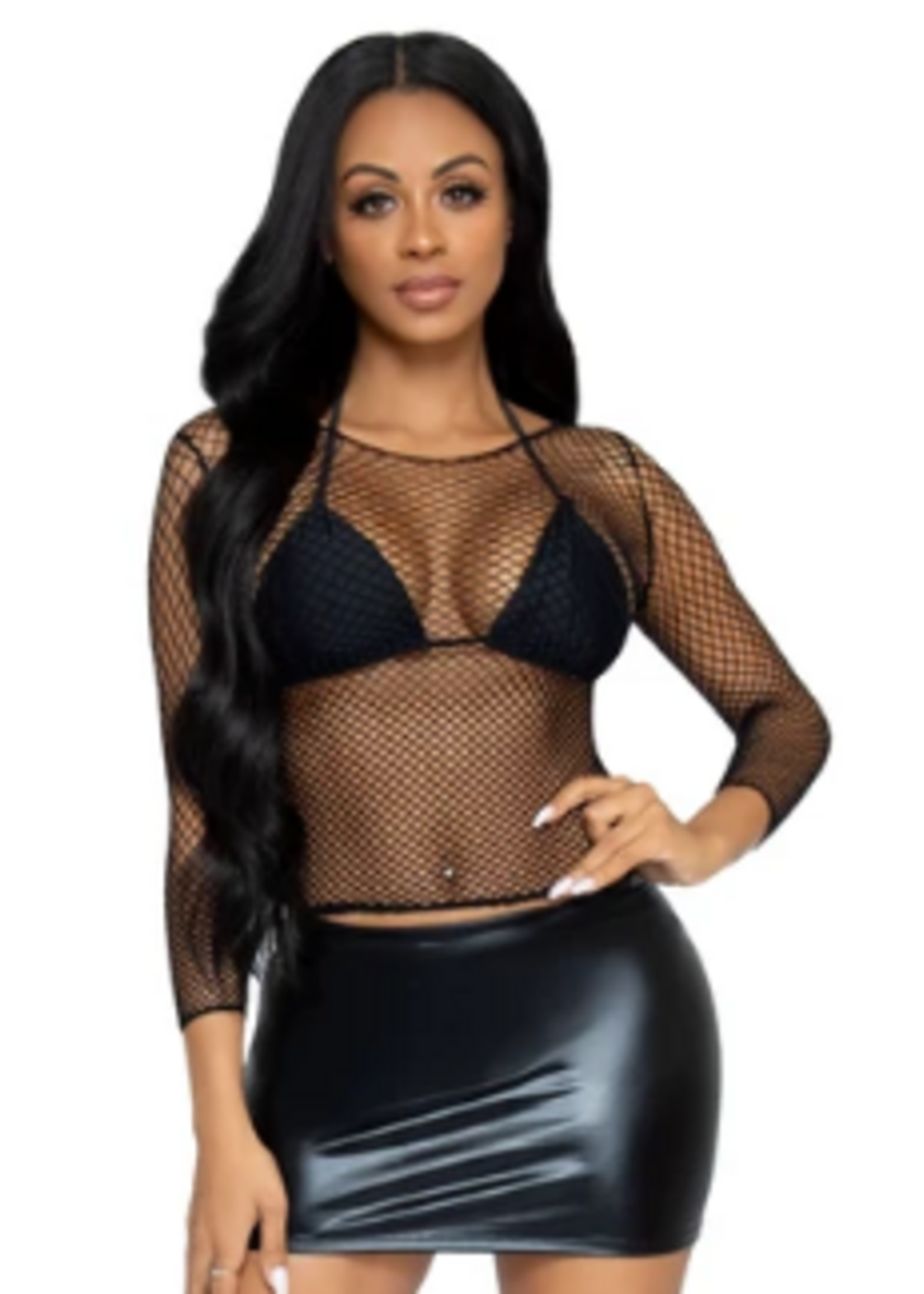 Leg Avenue 8278 Spandex Long Sleeved Net Shirt BLACK