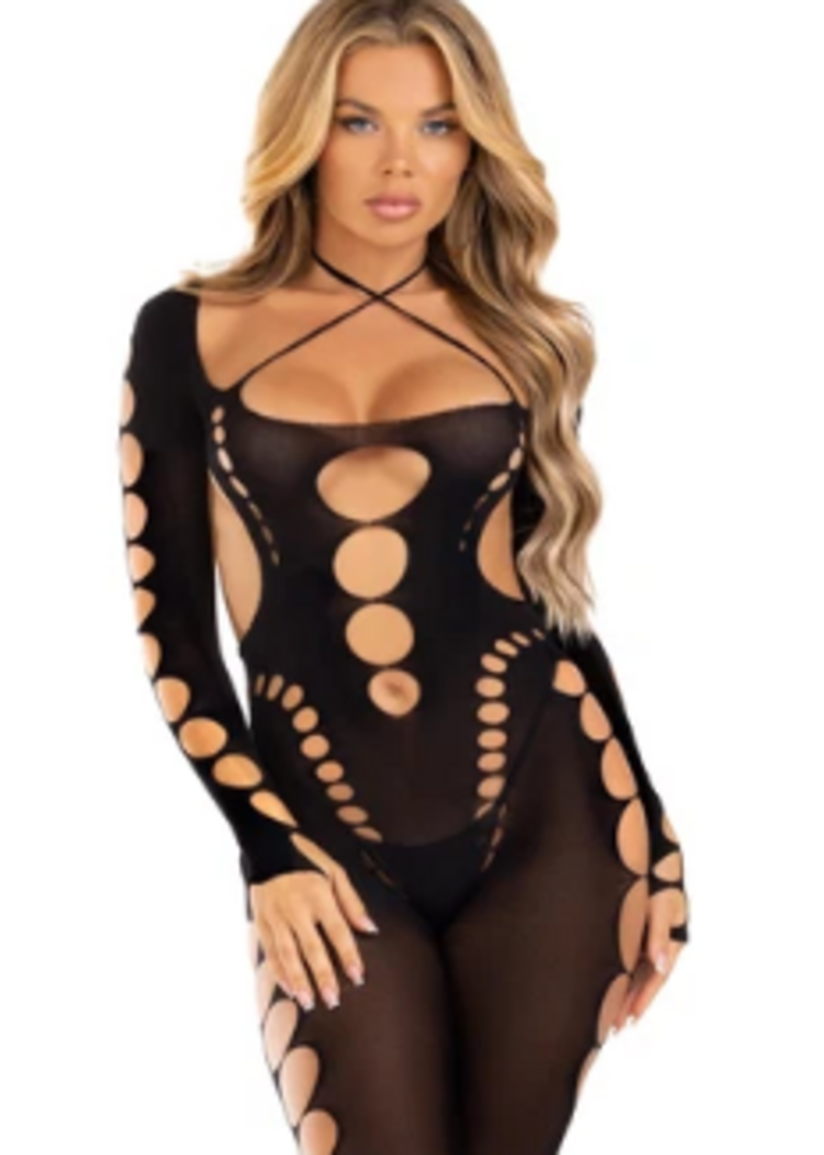 Leg Avenue 89324 Opaque Cut Out Footless Lingerie Jumpsuit BLACK