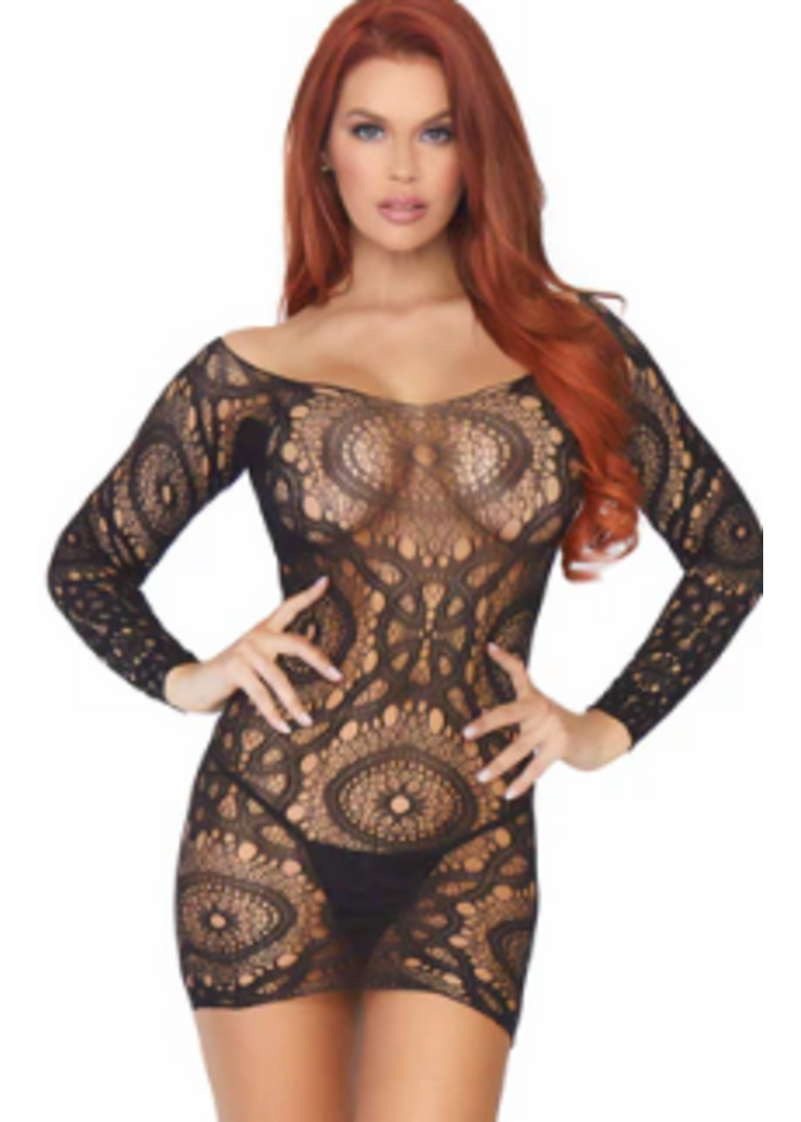 Leg Avenue 86794 Crochet Lace Long Sleeved Mini Dress Black