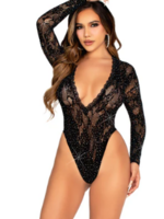 Leg Avenue 89342 Rhinestone Lace Deep V High Cut Bodysuit BLACK