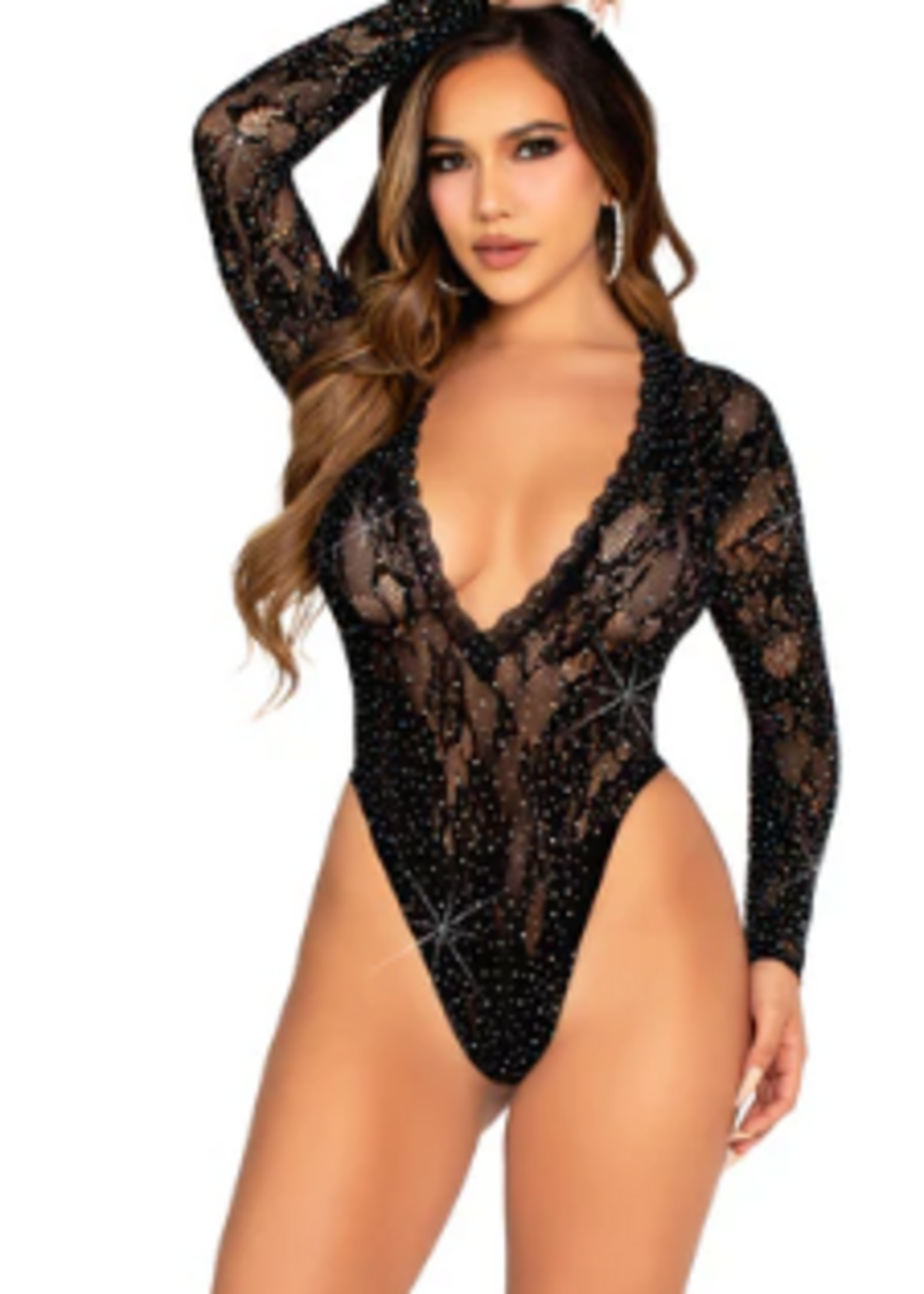 Leg Avenue 89342 Rhinestone Lace Deep V High Cut Bodysuit BLACK
