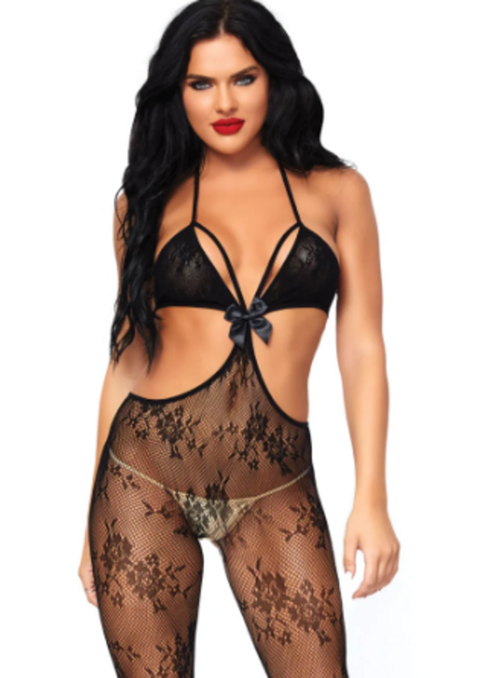 Leg Avenue 89127 Floral Lace Strappy Cut Out Bodystocking BLACK