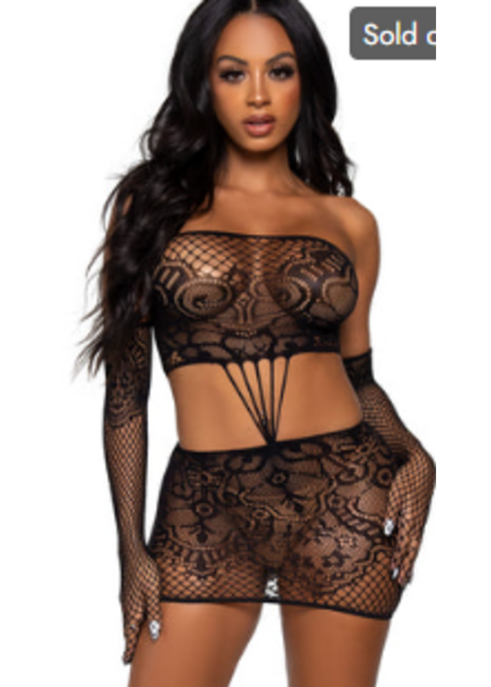 Leg Avenue 86133 2Pc Strappy Lace Tube Dress and Gloves BLACK
