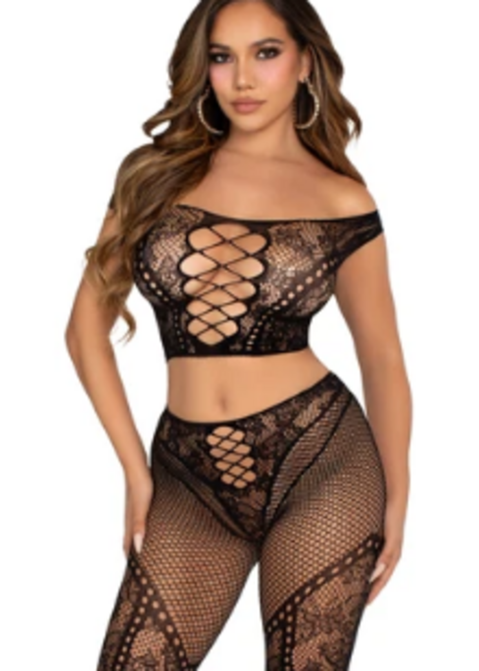 Leg Avenue 89353 2PC Net and Lace Crop Top and Footless Tights BLACK