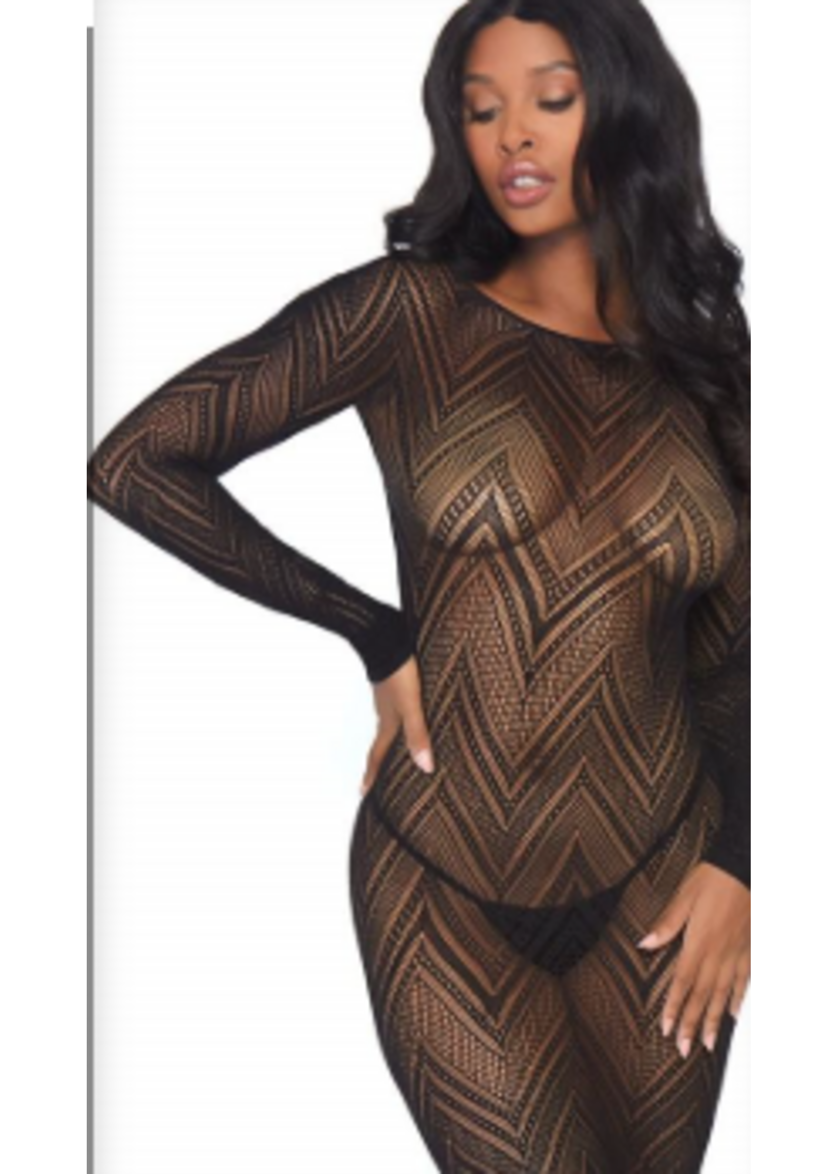 Leg Avenue 86800 Chevron Net Long Sleeved Body Con Dress with Keyhole Back BLACK