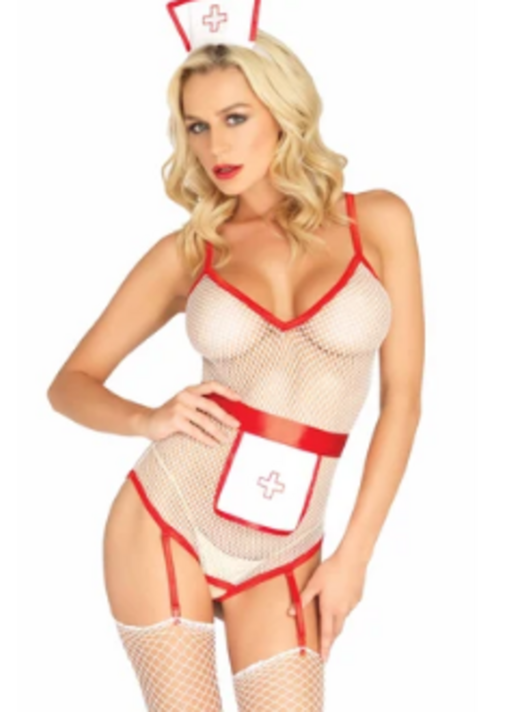 Leg Avenue 87057 3Pc TLC Nurse Fishnet Crotchless Garter Teddy Apron and Headband