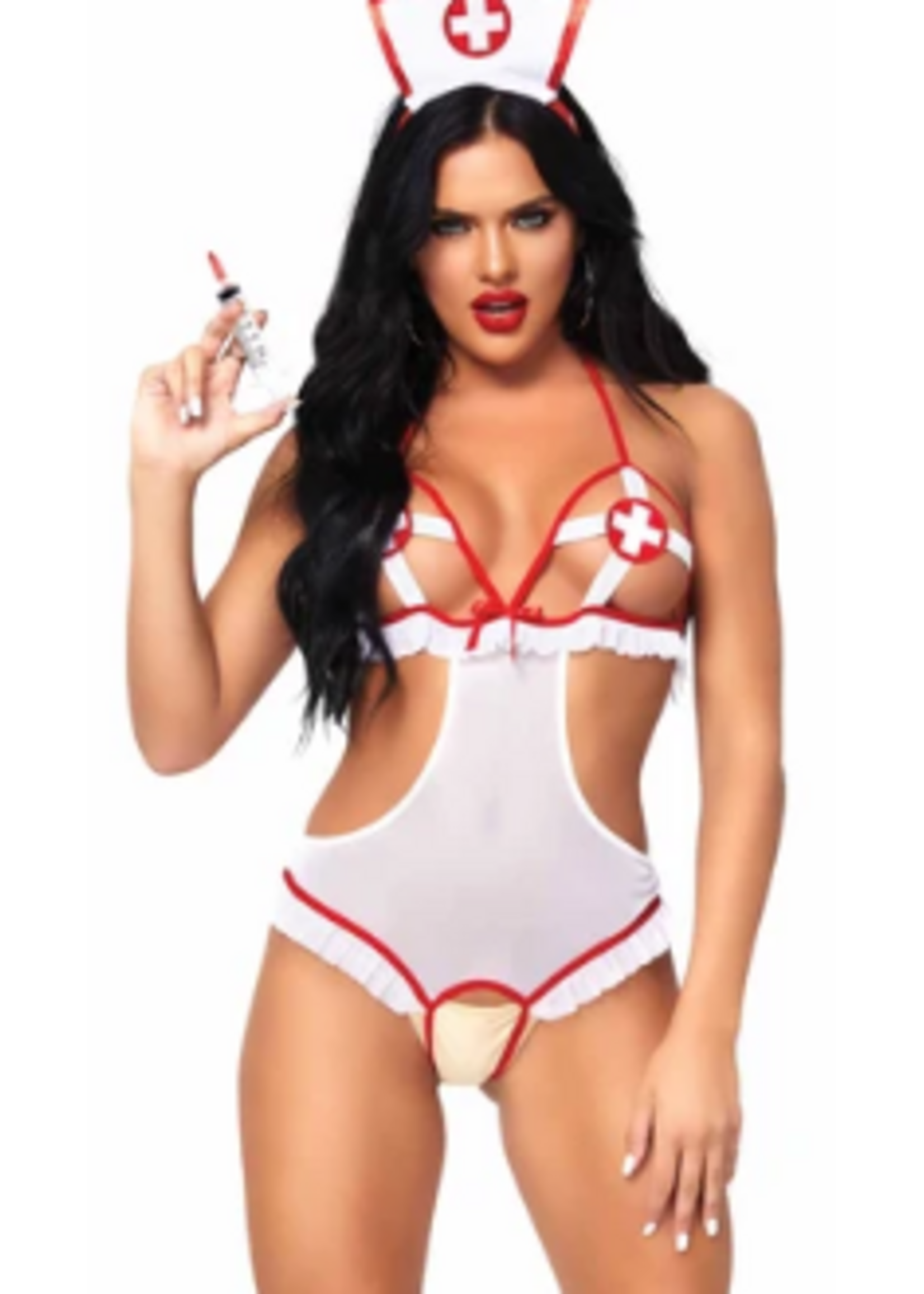 Leg Avenue 87051 2Pc Naughty Nurse Crotchless Teddy with Peek-A-Boo Cups and Matching Hat Headband