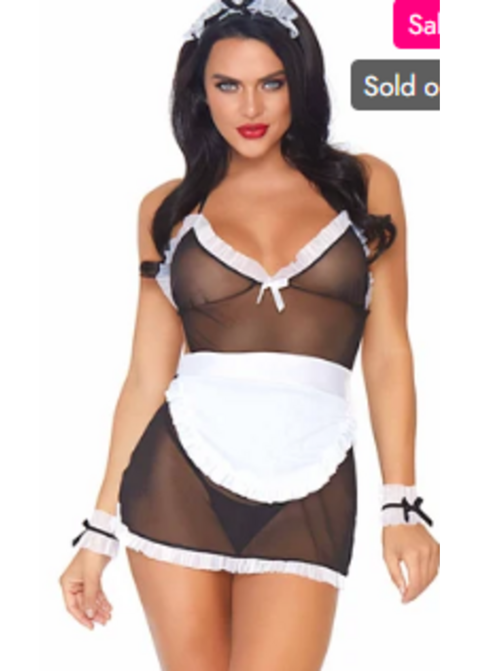 Leg Avenue 87036 4Pc Seductive French Maid Mesh Halter Apron Dress G-String Wrist Cuffs and Headband