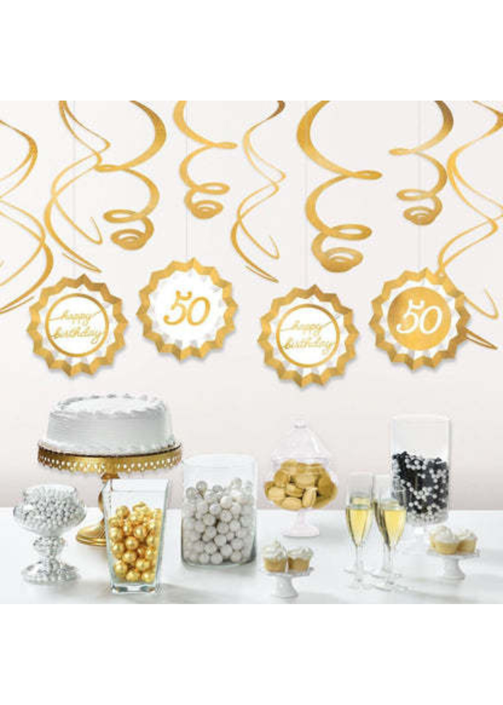 Metallic Golden Age Birthday Paper Fans & Swirl Decorations, 12pc, Ages