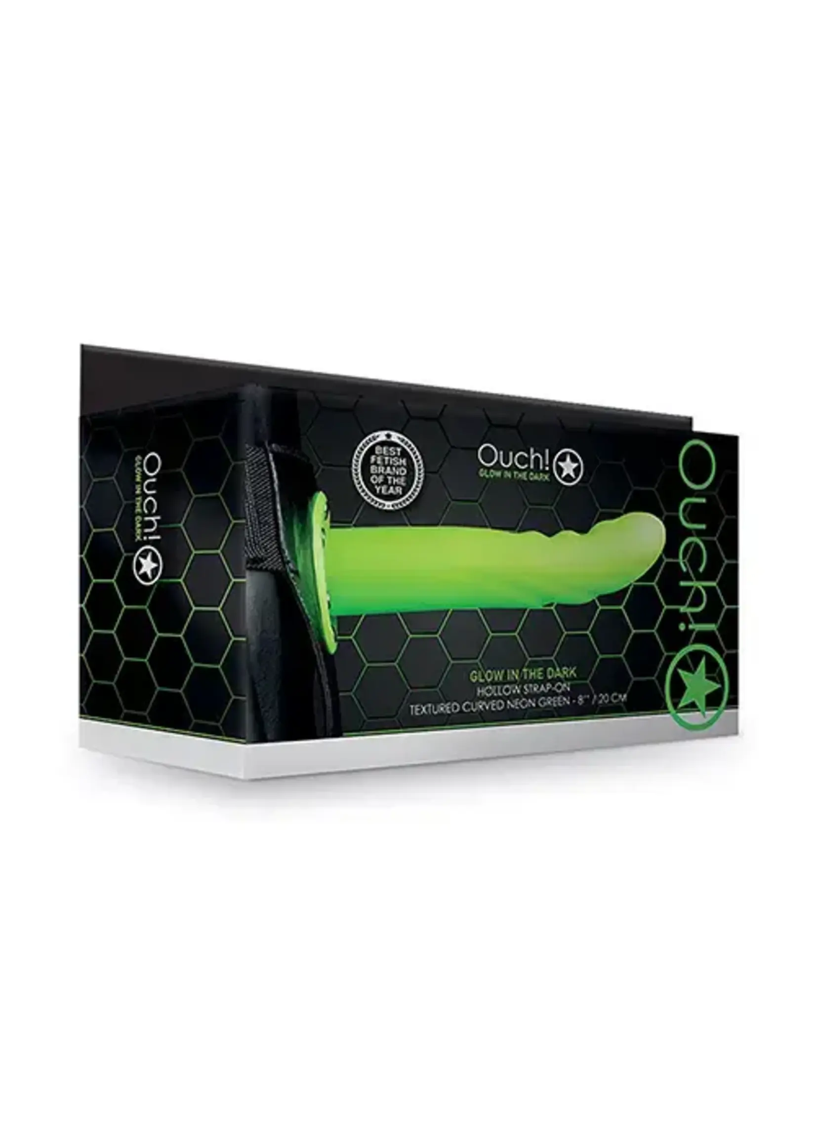 Ouch Shots Ouch 8" Textured Curved Hollow Strap On - Glow in the Dark