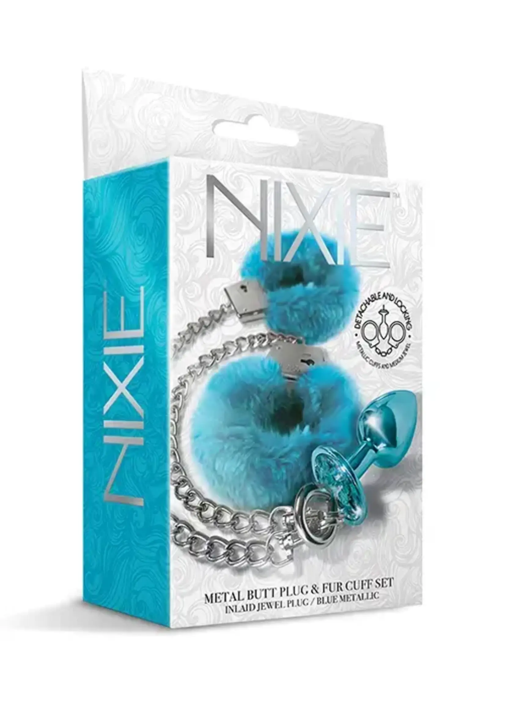 Nixie Nixie Metal Butt Plug w/Inlaid Jewel & Fur Cuff Set - Blue Metallic