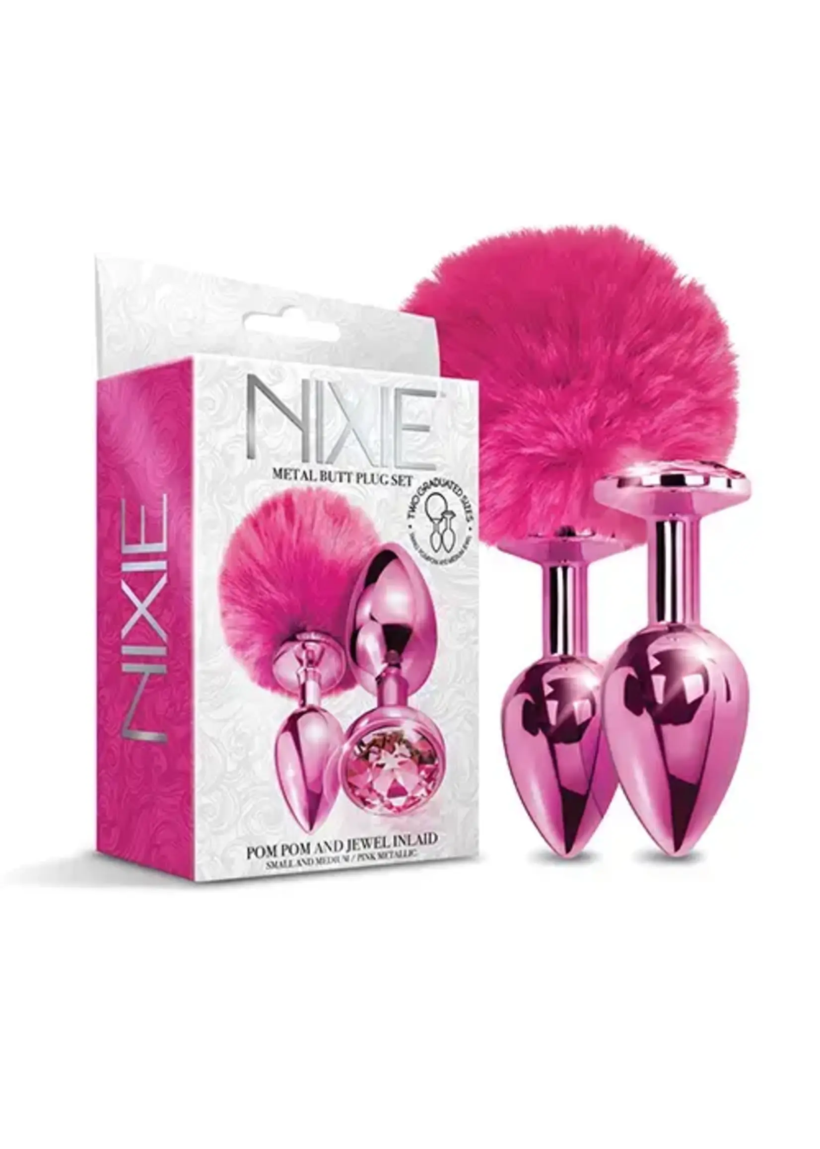 Nixie Nixie Metal Butt Plug Set w/Jewel Inlaid & Pom Pom - Pink Metallic