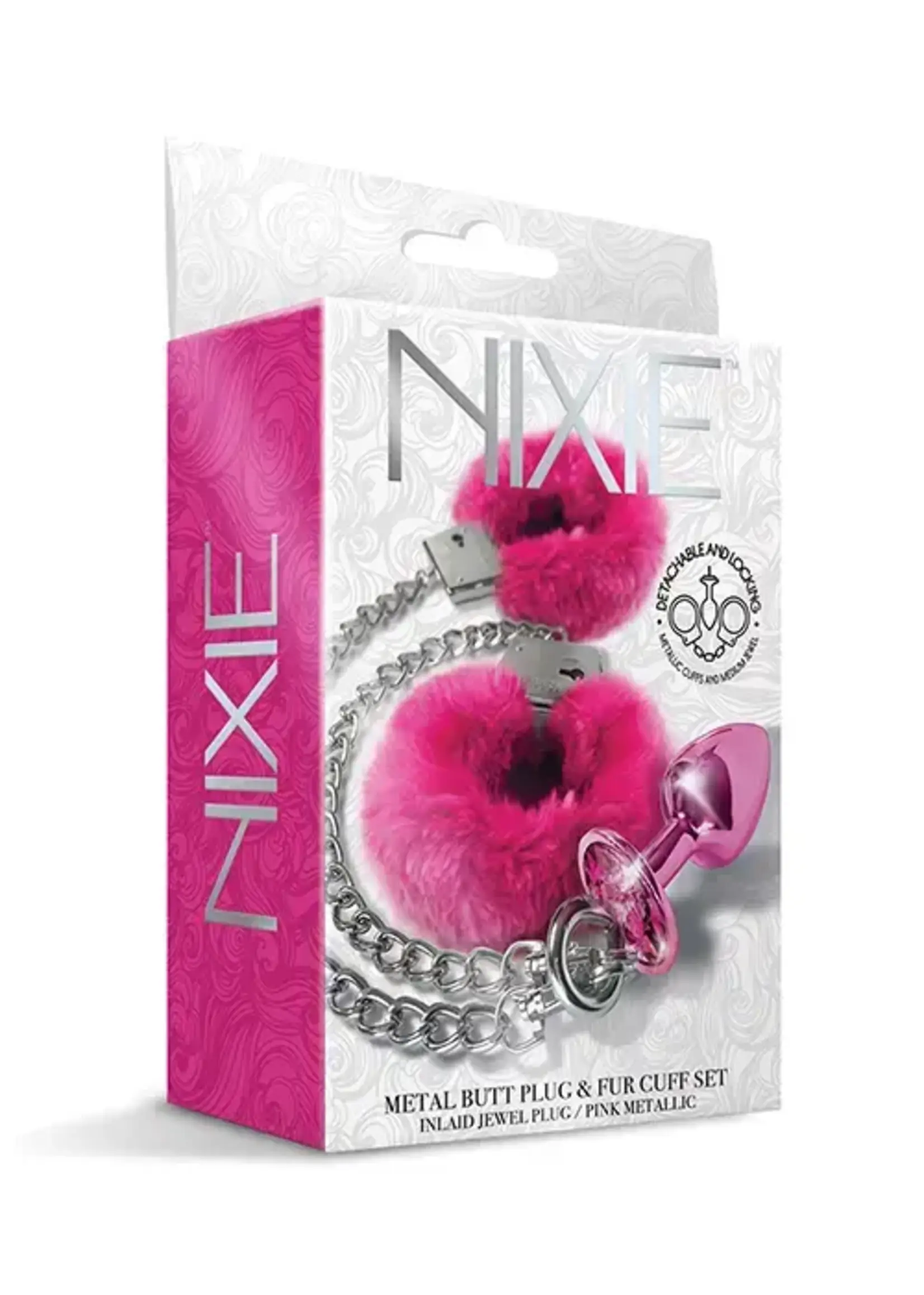 Nixie Nixie Metal Butt Plug w/Inlaid Jewel & Fur Cuff Set - Pink Metallic