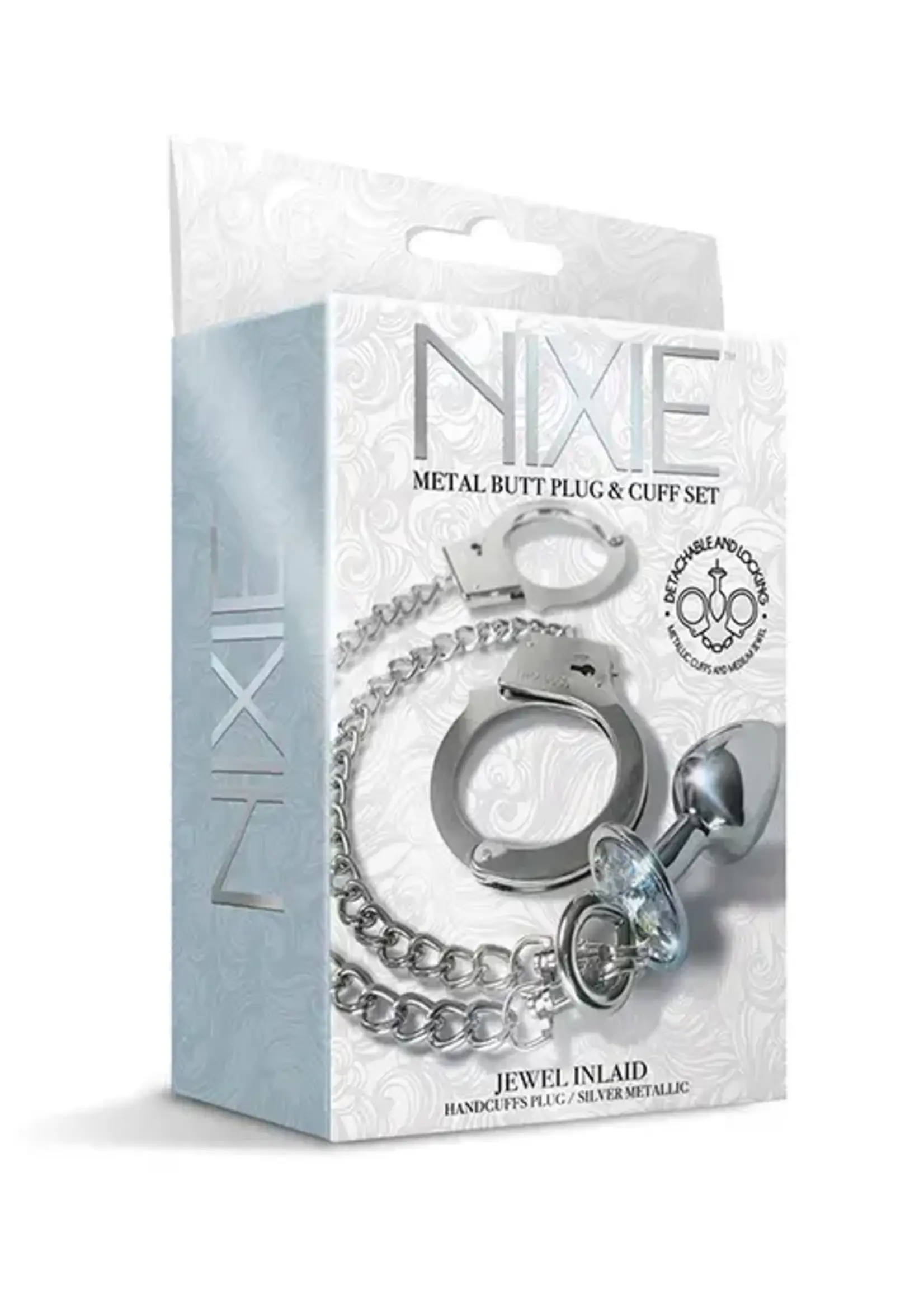 Nixie Nixie Metal Butt Plug w/Inlaid Jewel & Fur Cuff Set - Silver Metallic