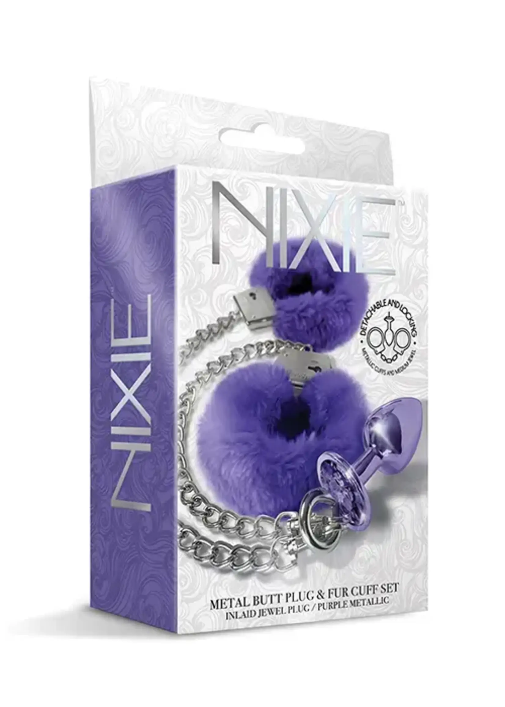 Nixie Nixie Metal Butt Plug w/Inlaid Jewel & Fur Cuff Set - Purple Metallic