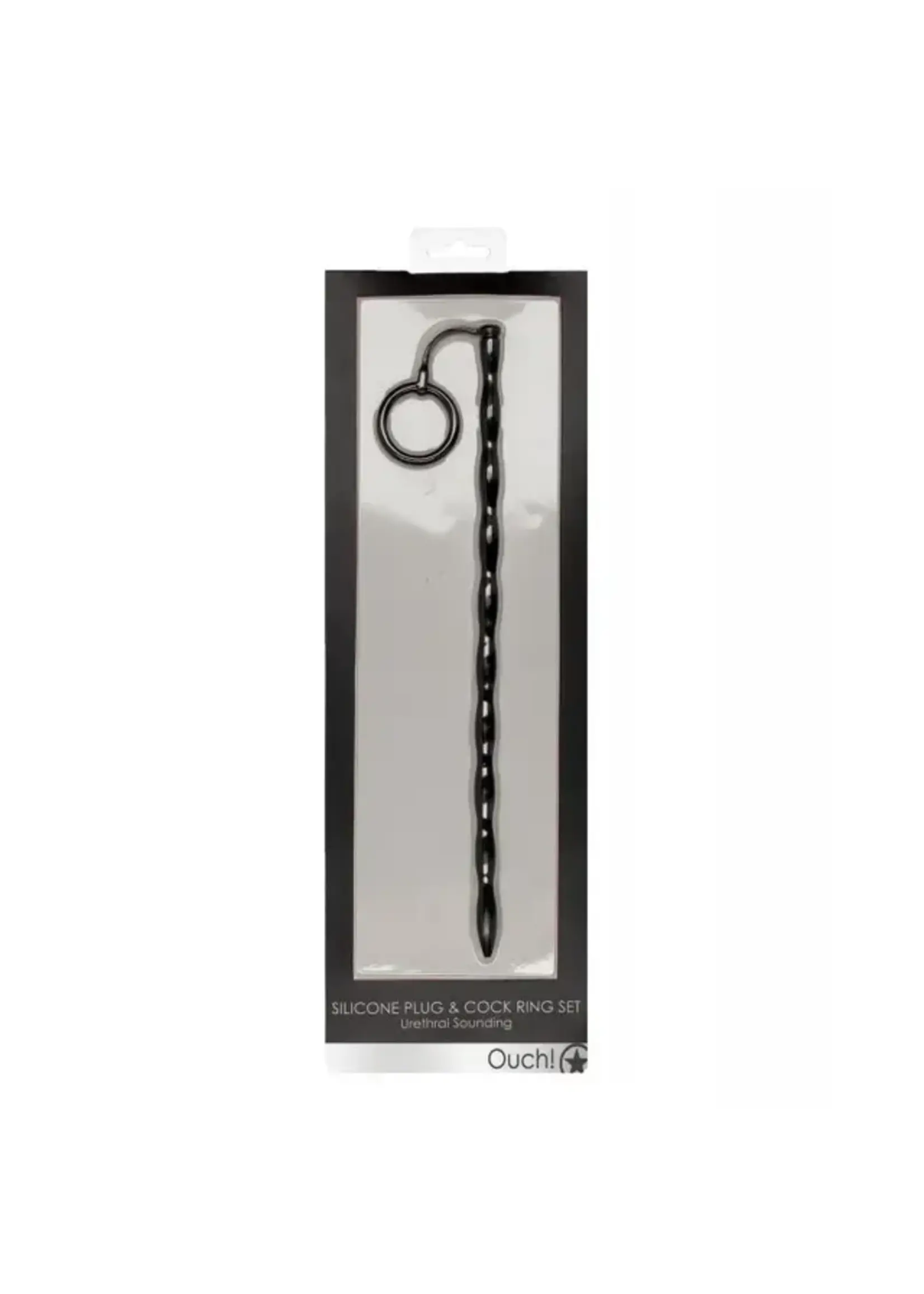 Ouch Shots Ouch Urethral Sounding Silicone Plug & Cock Ring Set - Black