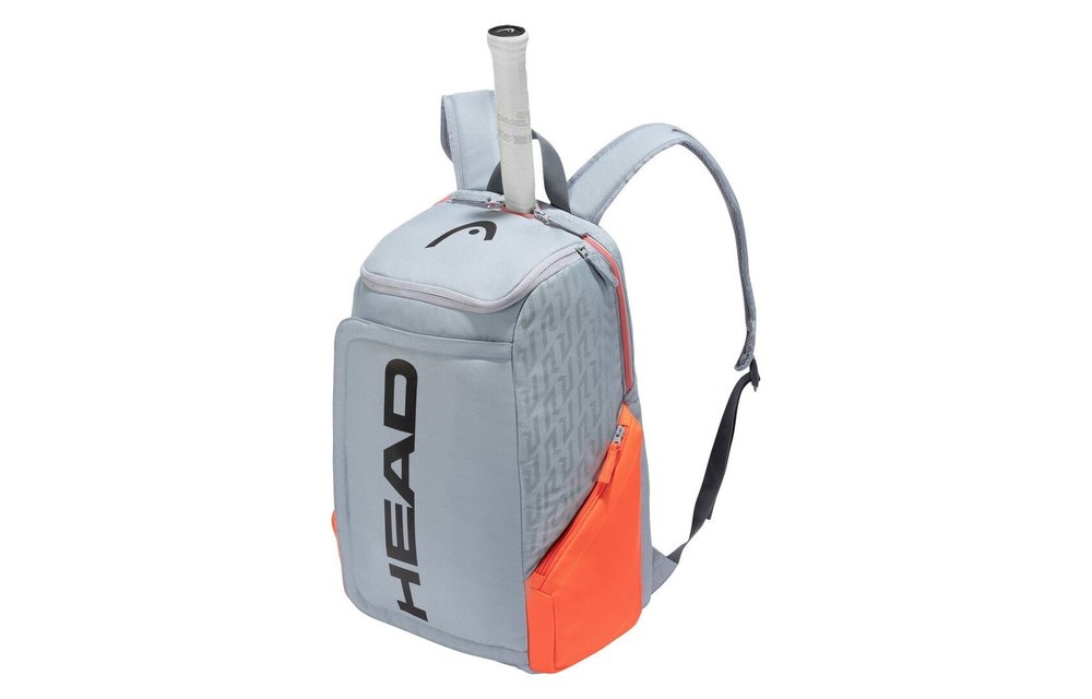 grey and orange backpack
