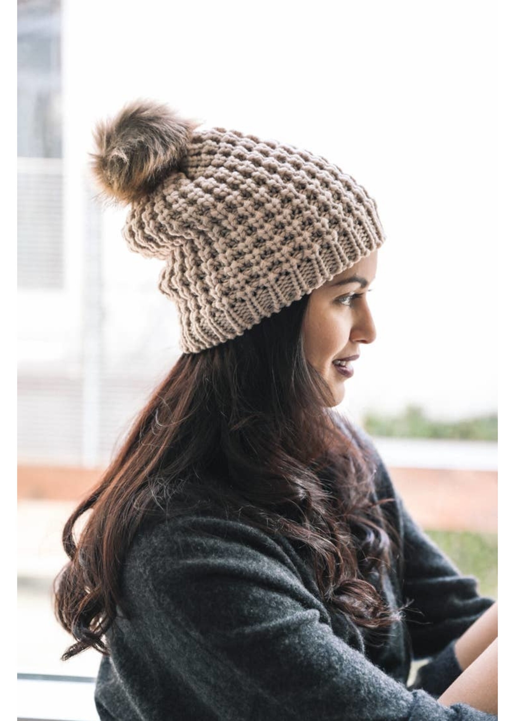 Textured Knit Pom Beanie Unlined