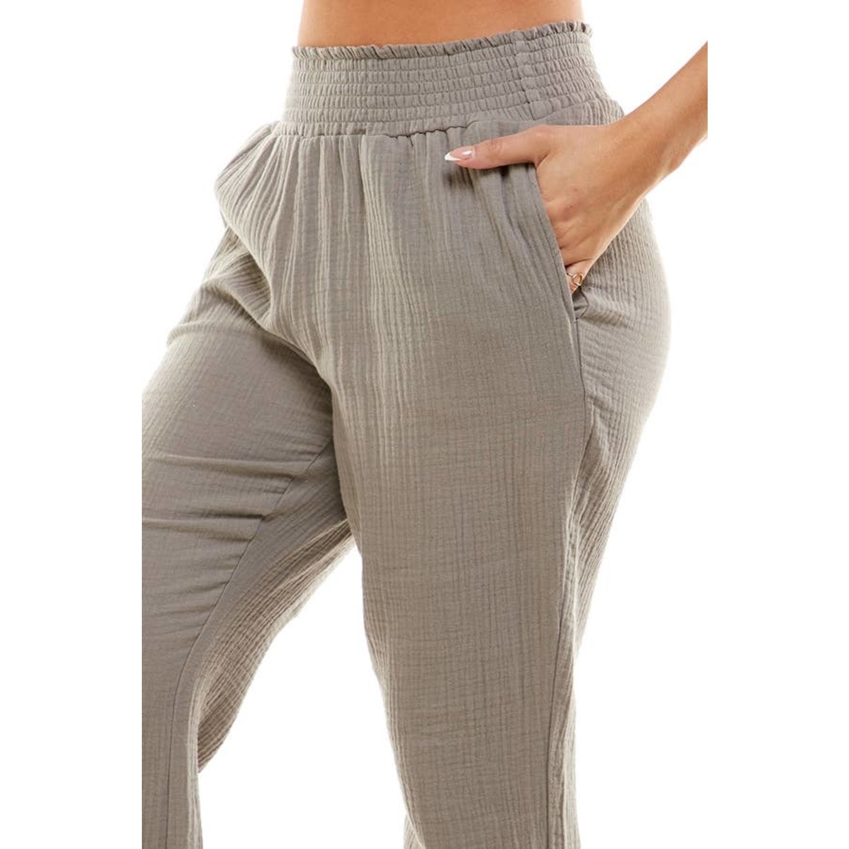 Grey Double Gauze Pants with Elastic Waistband