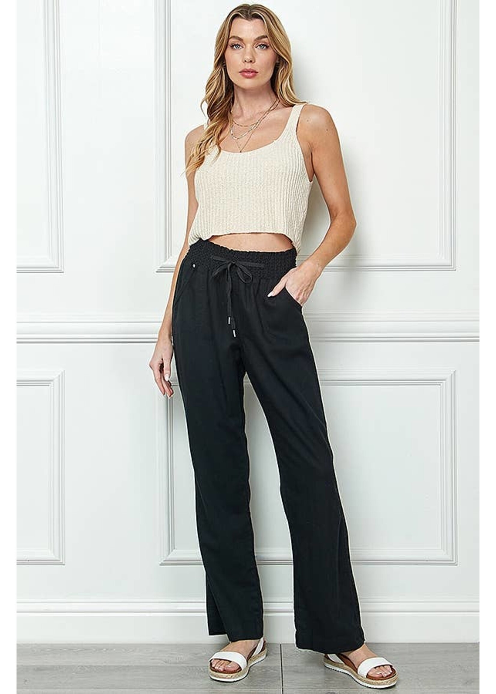 Wide Cut Pull On Linen Pants with Elastic Waistband