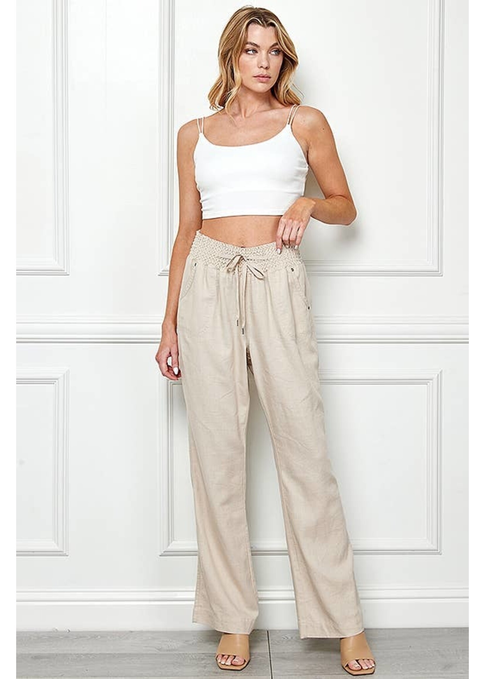 Wide Cut Pull On Linen Pants with Elastic Waistband